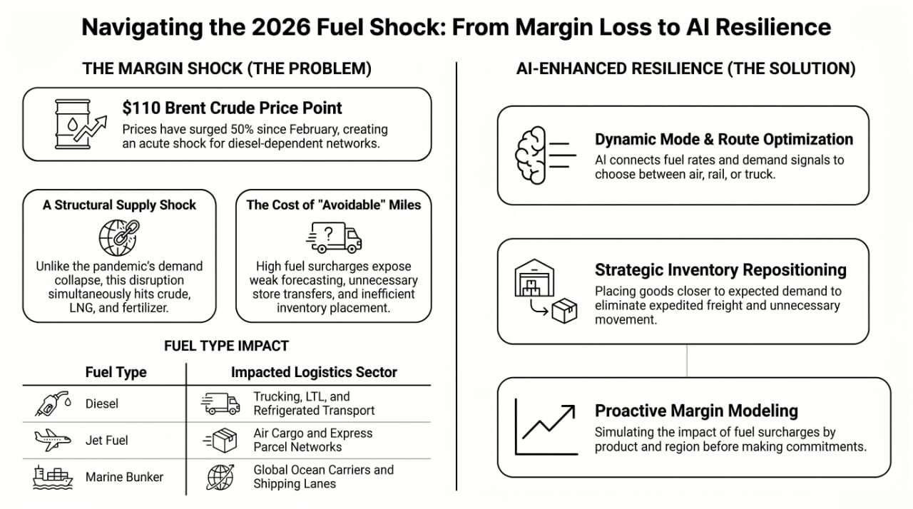 Chart illustrating avoidable supply chain costs from poor inventory positioning versus fixed fuel surcharge expenses.